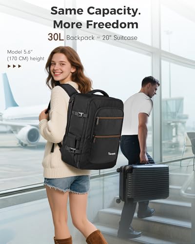 Vancropak Personal Item Travel Backpack for Men & Women, 17.3 inch Water Resistant Travel Laptop Backpack, Large TSA Airline Approved Under Seat Carry On Bag for Frontier Airlines - color: Black Brown
