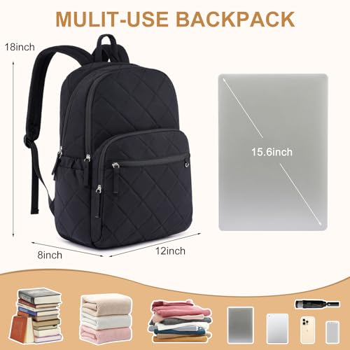 ZUBOND Backpack for Men and Women, School Backpack for Boys Girls, Quilted Casual Travel Daypack, Water-Resistant Bookbag for 15.6 Inch Laptop, Black - color: Black