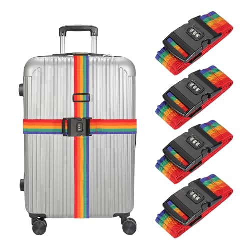 MECCANIXITY Luggage Straps with Combination Lock Adjustable Suitcase Belt Strap for Suitcase Briefcase Backpack Travel, Rainbow, Pack of 4 - color: Rainbow