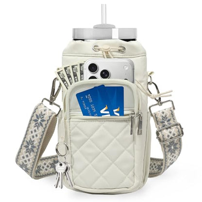 Water Bottle Holder with Strap, 32oz 40oz Insulated Water Bottle Carrier Bag, Purse Crossbody Sling Bag with Phone Pocket for Walking Hiking - color: white