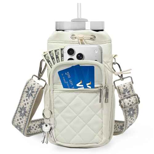 Water Bottle Holder with Strap, 32oz 40oz Insulated Water Bottle Carrier Bag, Purse Crossbody Sling Bag with Phone Pocket for Walking Hiking - color: white