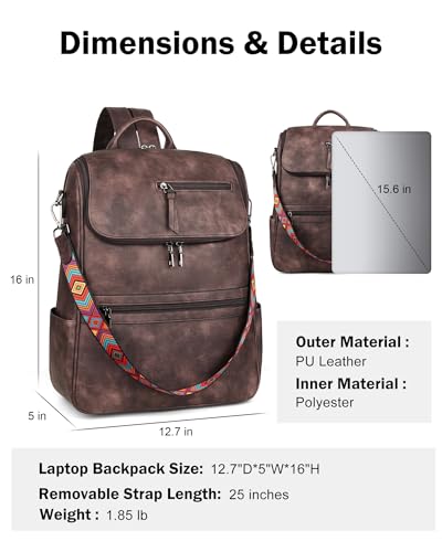 FADEON Laptop Backpack for Women Leather Travel Backpack with Laptop Compartment, Designer Ladies Computer Backpacks Coffee - color: Coffee Brown Retro Style