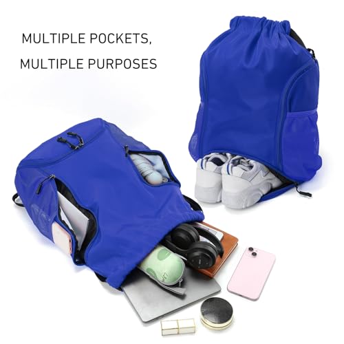 Valleycomfy Sports Gym Bag Drawstring Backpack with Shoes Basketball Bag and Two Water Bottle Holder,Sapphire Blue - color: Sapphire Blue