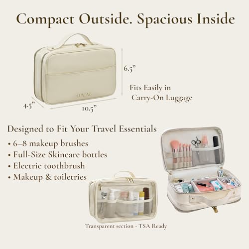 2-in-1 Travel Makeup and TSA Toiletry Organizer for Women – Flexible Compartments, Clear TSA Window, Wipe Clean Vegan Leather, Gift Box Included – Carry-On Approved, Cream - color: Cream Beige