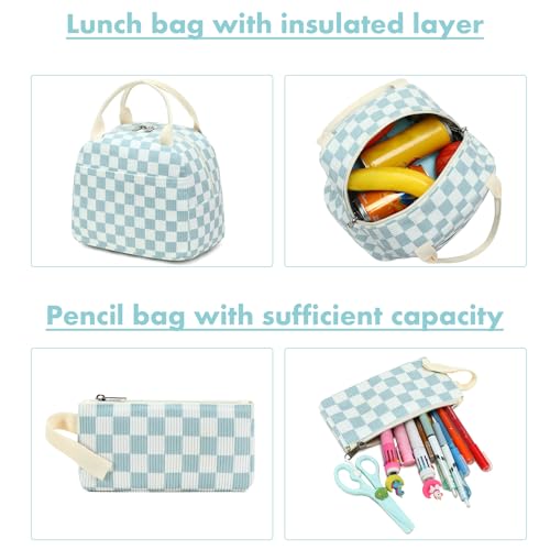 Bluboon School Backpack Set Girls Womens Laptop Bookbag Casual Daypack Fits 15 inch Laptop with Lunch Tote Bag and Pencil Bag - color: Blue Checked