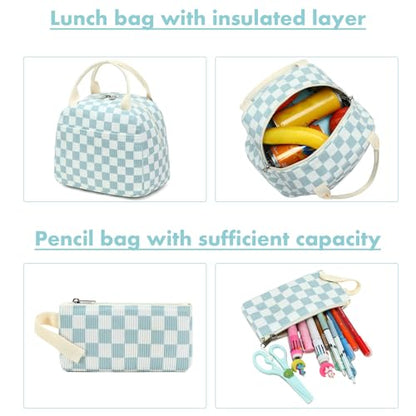 Bluboon School Backpack Set Girls Womens Laptop Bookbag Casual Daypack Fits 15 inch Laptop with Lunch Tote Bag and Pencil Bag - color: Blue Checked