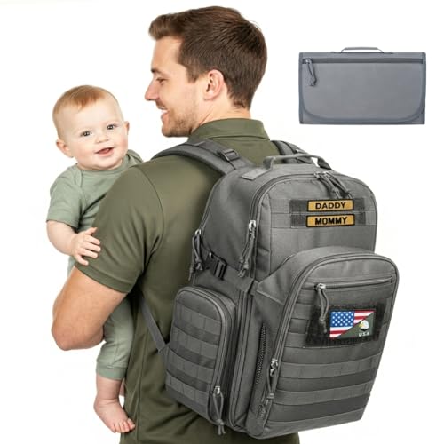 MIRACOL Dad Diaper Bag Military - Tactical Baby Backpack with Changing Pad for Outdoor Baby Care - Water-Resistant Fabric & MOLLE System Ideal for Travel Hiking Parks Grey - color: Grey W/ Changing Mat