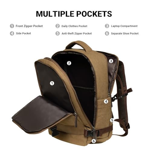 KAUKKO Canvas Travel Rucksack, Large Capacity Carry On Bag with Shoe Pouch and 15.6 inch Laptop Compartment, Flight Approved Outdoor 40L Luggage Weekender Bag, 12-KHAKI - color: 12-khaki
