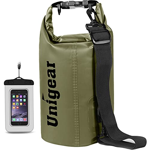 Unigear Dry Bag Waterproof, 2L/5L/10L/20L/30L/40L Floating and Lightweight Bags for Kayaking, Boating, Fishing, Swimming and Camping with Waterproof Phone Case - color: Army Green, size: 2L