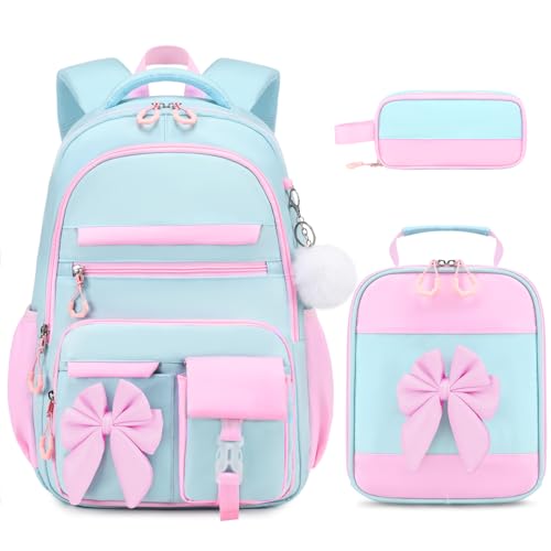 DIGOBAY Backpack for Girls, 3PCS Girls Backpack for School with Lunch Bag Pencil Case, Cute Kids Teens Bookbag for Kindergarten Elementary Preschool Middle School - color: Blue-green-pink
