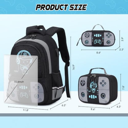 Bevalsa Backpack for School Boys, Cool Luminous Gamer Boys Schoolbag with Lunch Box & Pencil Case Set for Kids Teens Elementary Middle School, Bookbag Glow In The Dark(Black Backpack) - color: Black, style: Backpack