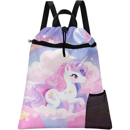 Cute Unicorn Drawstring Backpack, 15” x 17” Waterproof Swim Bag for Beach Swimming Pool, Lightweight Foldable Gym Bag with Water Bottle Holder for Sports Travel - color: Cute Unicorn