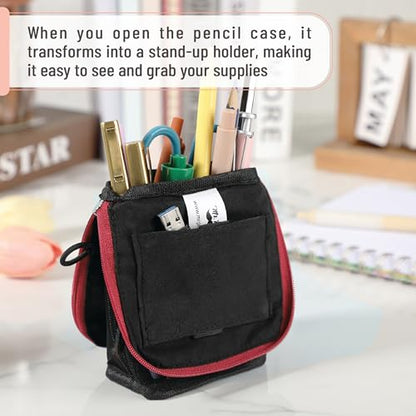 Mr. Pen- Standing Pencil Case Pouch, Sit & Lay Mesh-View Design, Black with Red Zipper, Interior Pocket & 2 Elastic Binder Loops, Cute Pencil Case for Girls and Boys - color: Black with Red Zipper