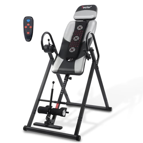 Teclor Inversion Table,Advanced Heat and Massage Function,Strength Training Inversion Table for Back Pain Relief,Heavy Duty Inversion Table 350 lbs Capacity with Wider and Thickened Backrest - color: Silver/Black