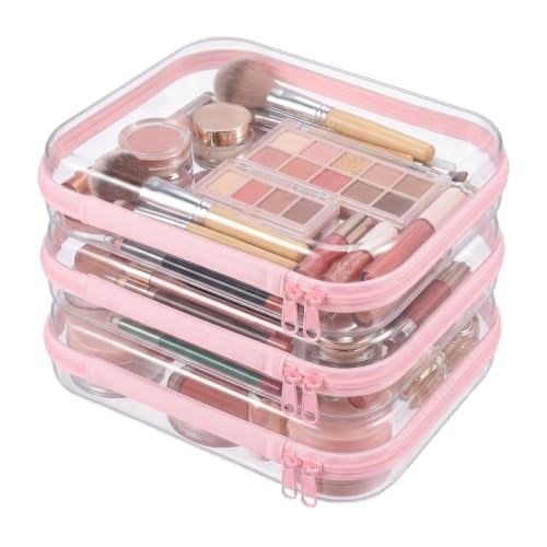 3 Pack Medium Clear Hard Shell Zipper Cases,Cosmetic Bag Transparent Travel Organizer Pouches for Makeup Toiletries Electronics Pencil Storage Toy Organizers Diaper Bag & Home Use (Pink) - color: Clear Pink, size: 3 Pack (M)