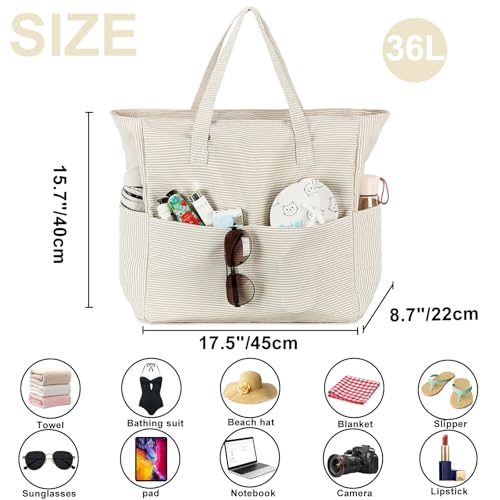 LEDAOU Beach Bag Waterproof Sandproof Women Beach Tote Pool Bag with Zipper for Swim Gym Grocery Travel with Wet Pocket | Sandproof - color: Light Khaki White Stripes
