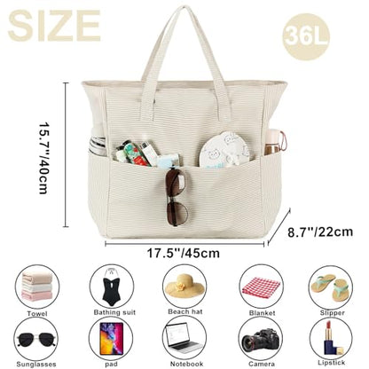 LEDAOU Beach Bag Waterproof Sandproof Women Beach Tote Pool Bag with Zipper for Swim Gym Grocery Travel with Wet Pocket | Sandproof - color: Light Khaki White Stripes