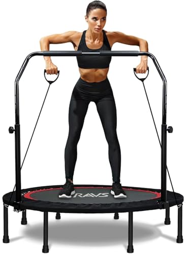 RAVS Mini Trampoline for Kids Adults 40"/48" Foldable Fitness Rebounder Kids Trampoline with 5 Levels Height Adjustable Handle Resistance Bands Indoor Workout - size: 40-inch