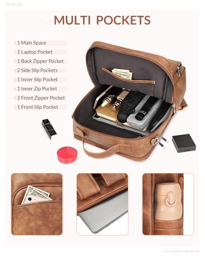 SYTRAH Leather Laptop Backpack for Women, 15.6 Inch Business Computer Bag, Designer College Backpack Travel Backpack with Colorful Shoulder Bag Strap Mocha Brown - color: Brown