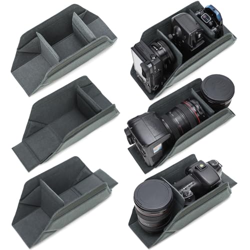 Camera Bag Insert, Soft Lined Foldable Protective Cube with 3 Adjustable Compartments, Flexible Partition Design for Mirrorless Lens Photography Gear Storage