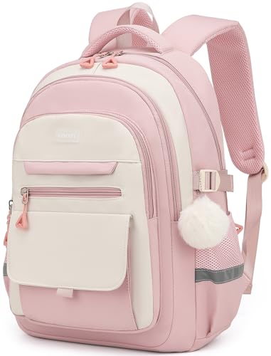 School Backpack for Teen Girls, Large Capacity Laptop Bag for High School Middle School Elementary, Aesthetic Bookbag College Women, Beige Pink - color: Beige Pink, size: 15.6in