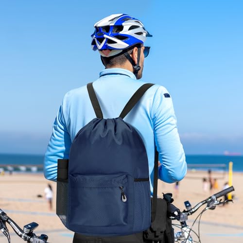 Waterproof Drawstring Bag, Lightweight String Backpack with Water Bottle Holder and Pockets, Gym Sports Cinch Sackpack (Blue) - color: Blue
