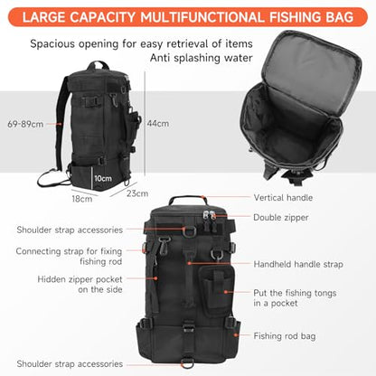 KOMCLUB Fishing Bag Black Fishing Sling Tackle Storage Backpack Outdoor Large Fishing Bag with Waterproof Rain Cover Fishing Gifts for Men - color: Black
