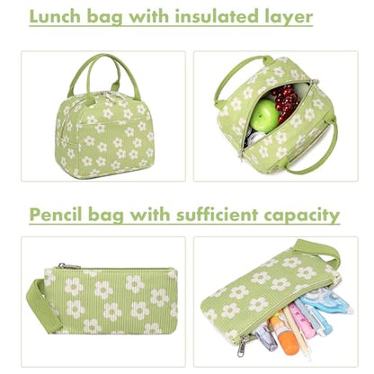 Bluboon School Backpack Set Girls Womens Laptop Bookbag Casual Daypack Fits 15 inch Laptop with Lunch Tote Bag and Pencil Bag - color: Beige Small Flower 95