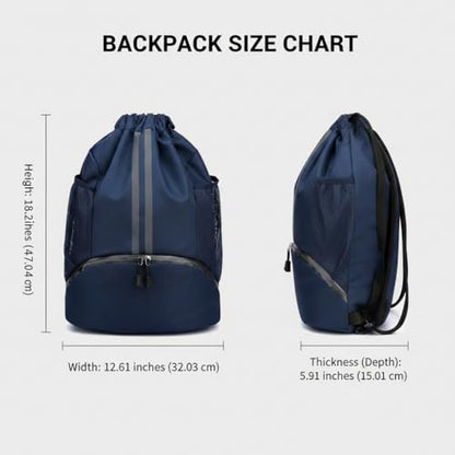 Drawstring Backpack Gym Bag with Shoes Compartment, Water‑Resistant String Backpack, Dry‑Wet Separation Cinch Sack for Soccer Basketball Swim Beach Sports for Women Men-Blue - color: Blue