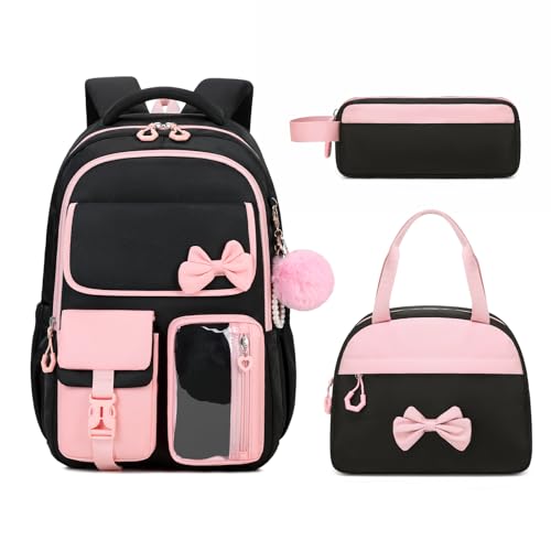 Girls Backpack, School Backpack for Girls, Cute Bow Kids Bookbag for Grils Children Teens for Elementary Middle High School Student, Back To School, Black Pink 3pcs - color: Black Pink-3pcs