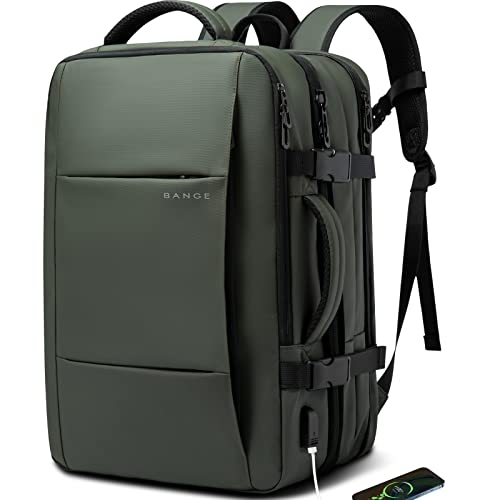 BANGE Expandable Travel Backpack,35LCarry on Backpack for Women Men Airline Approved Gym Backpack Waterproof Business Laptop Daypack… - color: Green, size: 35L(expansion)