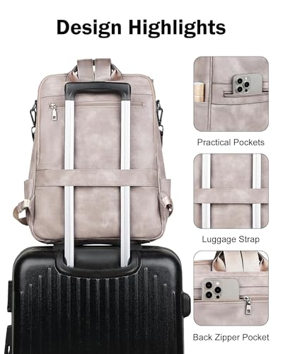 FADEON Laptop Backpack for Women Leather Travel Backpack with Laptop Compartment, Designer PU Shoulder Laptop Bag Grey - color: Grey Retro Style