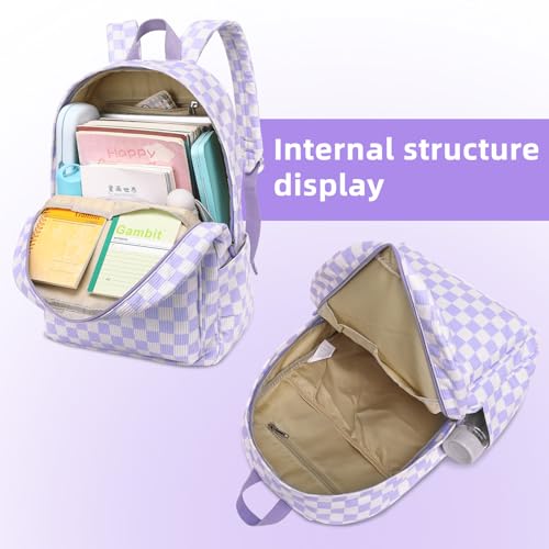 LEDAOU School Backpack for Teen Girls Elementary Middle School Bookbag Kids Backpacks Women Laptop Backpack Travel Daypack - color: Purple Checkered