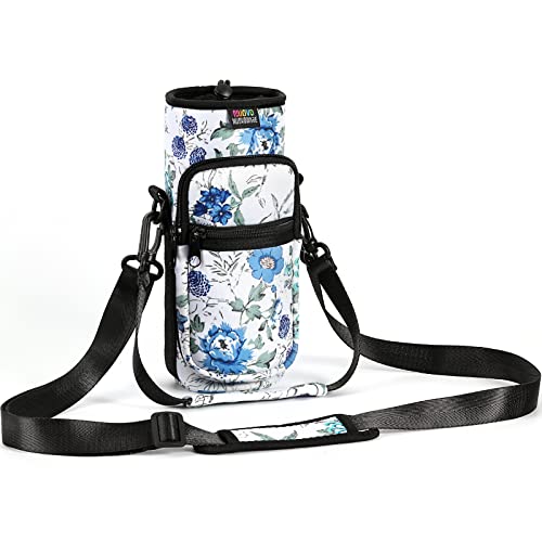 Nuovoware Water Bottle Carrier Bag, Premium Neoprene Portable Insulated Water bottle Sling Holder Bag 500ml/750ml/1000ml with Adjustable Shoulder Strap for Men Women Hiking, Sling Bottle Case - color: White+Blue, size: 25-32 Ounces - Standard