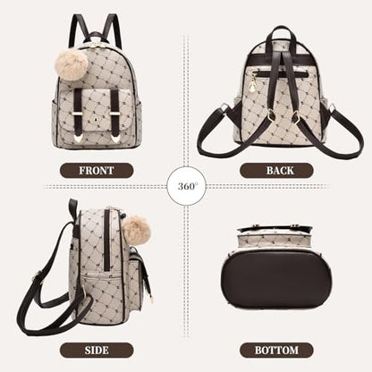 I IHAYNER Girls Fashion Backpack Mini Backpack Purse for Women Teenage Girls Purses PU Leather Pompom Backpack Shoulder Bag - color: Beige