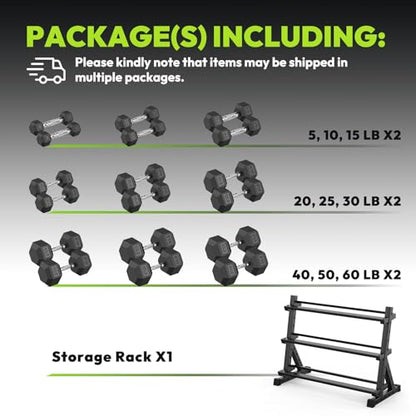 HANDBODE 3-Tier Dumbbell Rack Stand, 1000LB Capacity Storage Rack, Weight Rack for Dumbbells, Kettlebell, 390–700 lb Rubber Coated Fixed Weight Sets, Home Gym Strength Training Equipment - color: 510 lb Set (5-60 lb) *2 & Rack