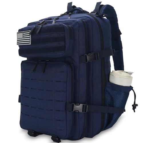 Sparklekle Military Tactical Backpack 45L 3 Day Assault Pack Waterproof Molle Hiking Rucksack for Men and Women (Blue) - color: Navy, size: 45L
