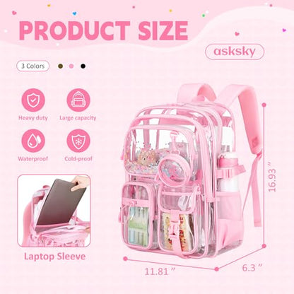 Clear Backpack for Girls School Clear Bookbag Stadium Events Heavy Duty Transparent Back Pack, Pink - color: Pink
