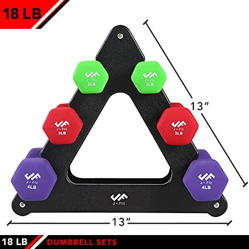 JFIT Dumbbell Pairs or Sets – Neoprene & Vinyl Coated Hand Weights for Home Gym, Strength Training, Aerobics, Cardio Exercise and Fitness - size: 18 lbs (Set), style: Dumbbell Set with Rack