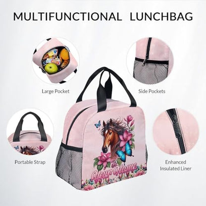 Mercuryelf Personalized Girls Backpack Horse 3PCS Kids Backpack Set with Lunch Bag & Pencil Case, 17 Inch School Bookbag for Elementary Kindergarten - color: Yellow