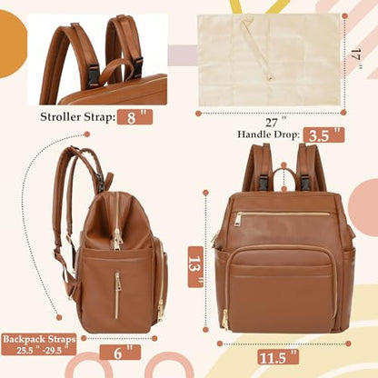 Omanmoli Diaper Bag Backpack Leather Large Baby Diaper Bag Essentials With 18 Organizing Pockets,6 Insulated Pockets,USB Charging Port,Stroller Straps,Changing Pad (Brown) - color: Brown