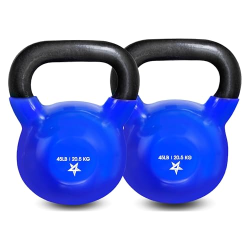 Yes4All Kettlebell, 5-100 LB Vinyl Coated Cast Iron Strength Training Kettlebells for Home Gym Exercises, Fitness, Full Body Workout Equipment, Push Ups, and Grip Strength - color: I. 45LB - Dark Blue, style: Vinyl Coated - Pair