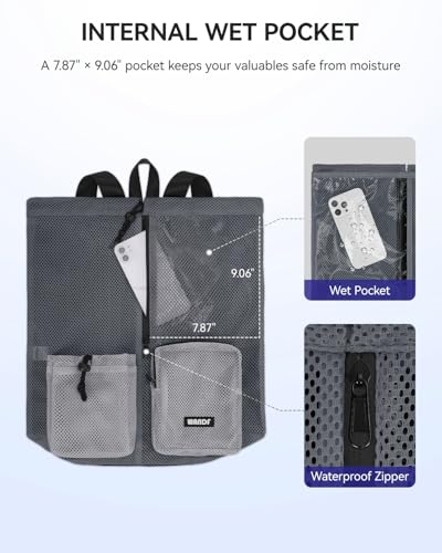 WANDF Swim Bag for Swimmers, Mesh Beach Backpack - color: Grey With 2 Front Pockets, size: Large