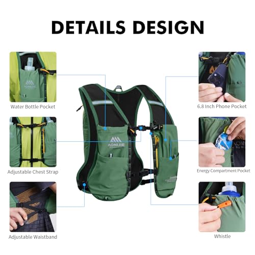 AONIJIE Running Hydration Vest for Men Women 8L Backpack with 500ml Soft Flask Water Bottle - style: Green