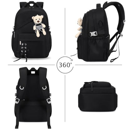 ACESAK School Backpack for Girls - 3 PCS Cute Girls Backpack with Lunch Box & Pencil Case - Kawaii Casual Kids Bookbag School Bag Daypacks Set for Elementary Middle High School Student Teens (Black) - color: Black