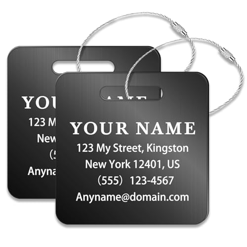 Personalized Metal Luggage Tags (2 Pack), Customizable Icon Text, Laser Engraved Waterproof Durable, for Bags, Backpack Travel, Suitcases (Black) - color: Square Black