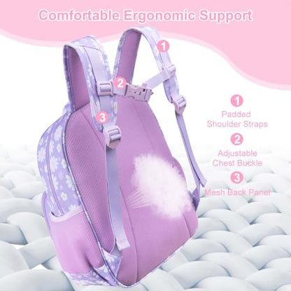 RHCPFOVR Kids Backpack for Girls - Girls Backpack 3-8 Ages Flower for Kids 15 Inch School Bookbag for Kindergarten Elementary School Bookbag for Girl 1st 2nd Grade - style: Purple Flower