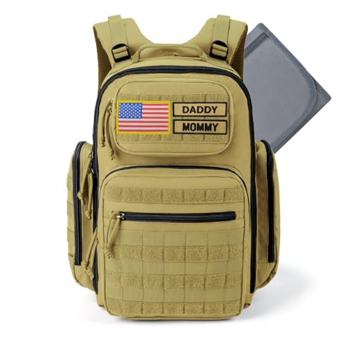 MIRACOL Baby Diaper Bag with Changing Pad - Large Military Daddy Gear Backpack for Hiking Travel Camping -Army Style for Men Active Dad Tan - color: Tan W/ Changing Mat