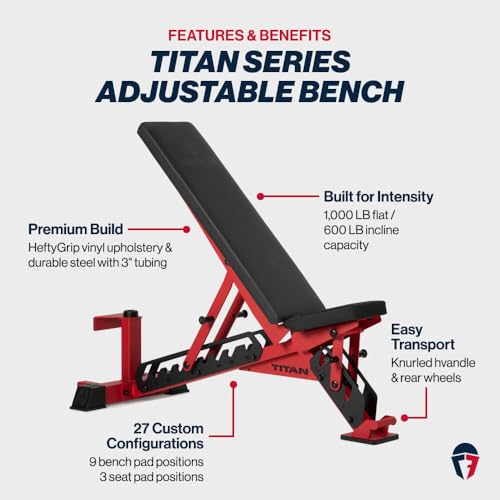 Titan Fitness TITAN Series Adjustable Bench, Supports 600 LB Incline, 1,000 LB Flat, Versatile Single Post Utility Workout Bench for Home Gym, Weightlifting, Strength Training - color: Red