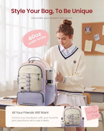 LOVEVOOK School Backpack for Teen Girls, Unique Style College Student Backpacks with Large Cup Holder, Cute Kid Bookbag with Pens Compartment, Large Capacity Back to School Backpack Fit 15.6'' Laptop - color: Purple Pink Beige, size: Medium